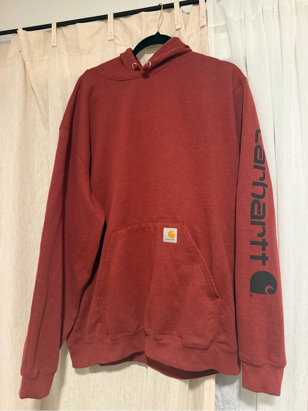 Carhartt Men's Brick Red Hooded Sweatshirt with Sleeve Logo